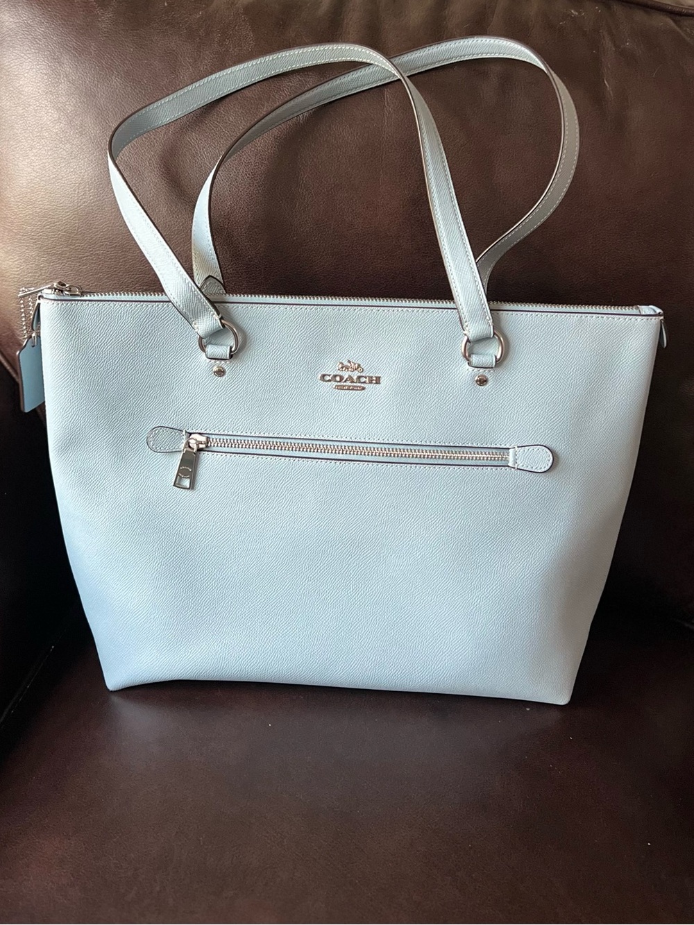 Coach Crossgrain Leather Gallery Tote Ice Pastel Blue Work Bag 79608  NWOT
